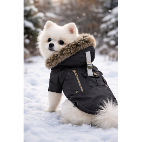 Manteau pour chien noir Coup d’État Puppia – Capuche fourrure & manteau chaud